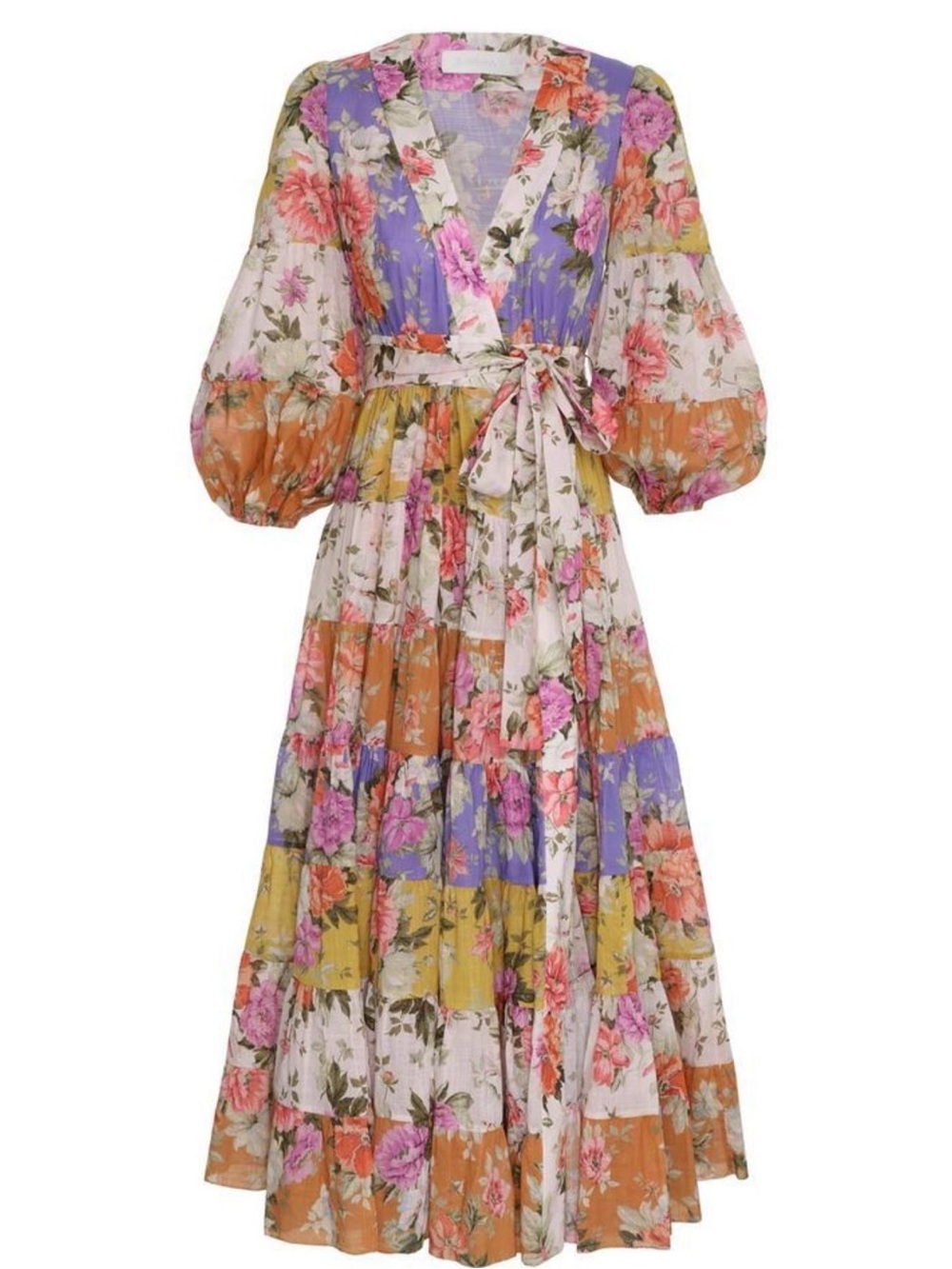 Zimmermann Multicolor Floral Patchwork Wrap Midi Dress